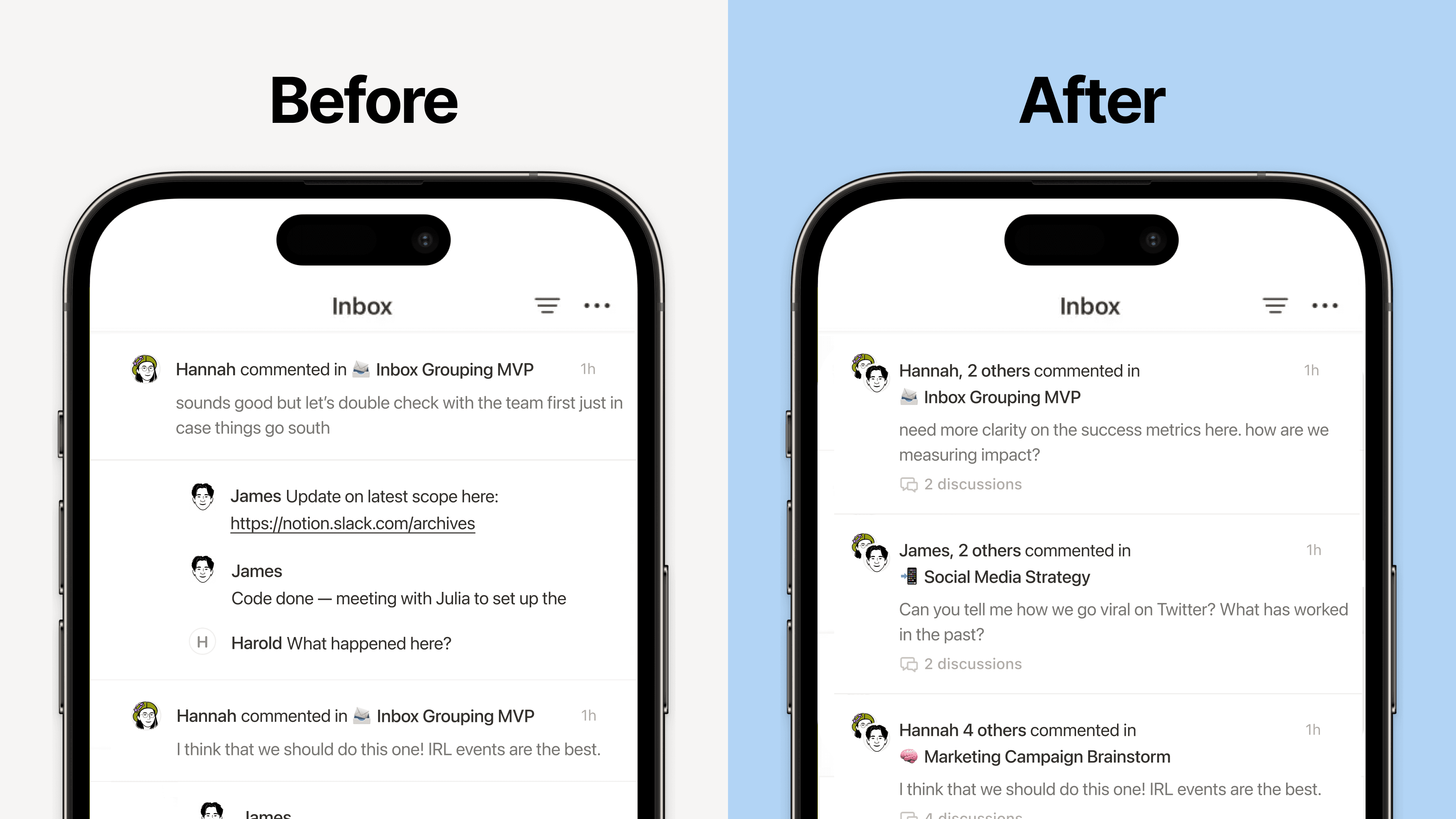 Les nouvelles notifications groupées dans votre boîte de réception offrent une présentation plus compacte et lisible, avec une vue plus ciblée sur les éléments qui nécessitent votre attention et un accès rapide aux derniers commentaires.