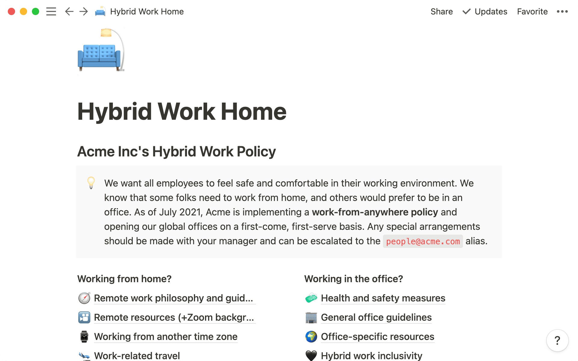 Create a hybrid work wiki to consolidate guidelines and resources for your team.