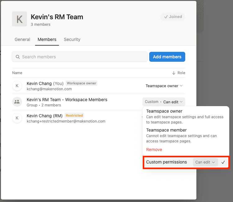 aide : attribuer un groupe d’autorisations à des membres restreint·es dans un espace d’équipe