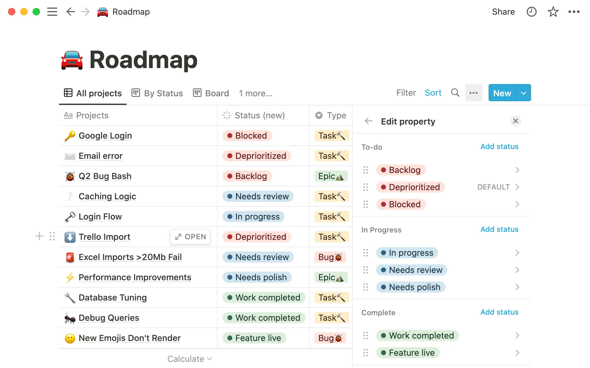 상태 속성을 사용해 업무 진행 상태를 빠르게 확인하세요. 하위 카테고리도 커스텀하여 추가할 수 있습니다.