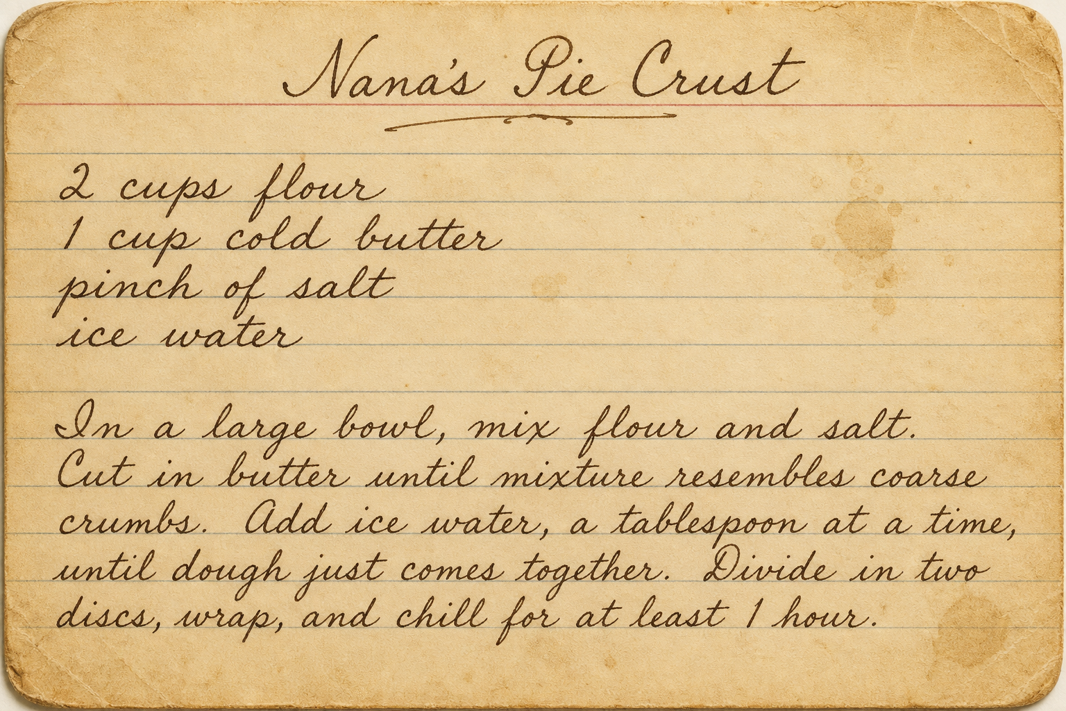 Handwritten recipe card for Nana's Pie Crust